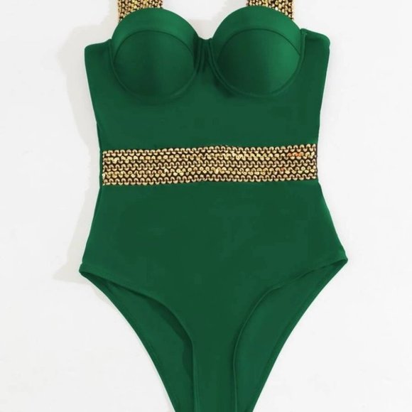 green Push Up One Piece Swimsuit - Picture 5 of 8